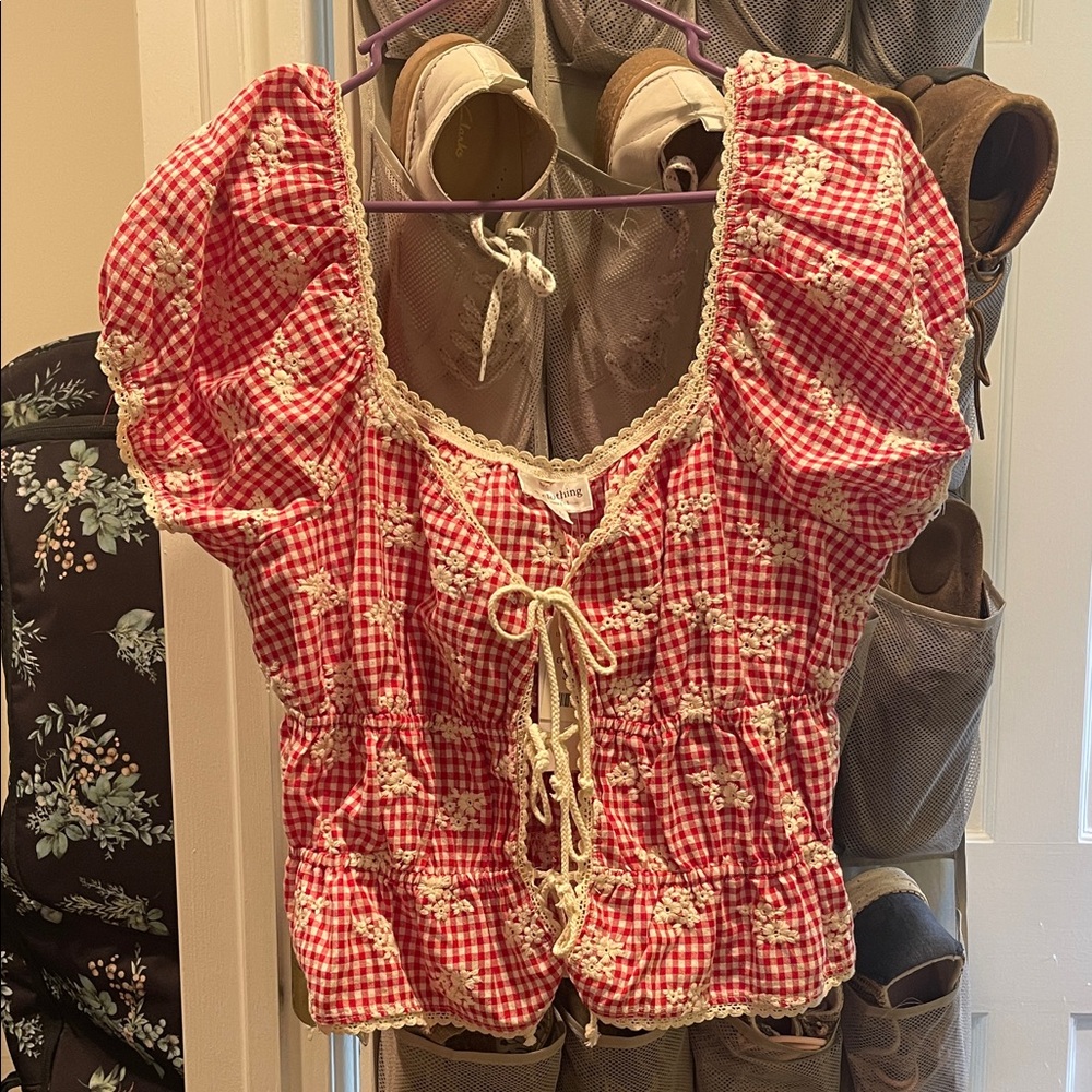 ONE CLOTHING Red Gingham Floral Blouse